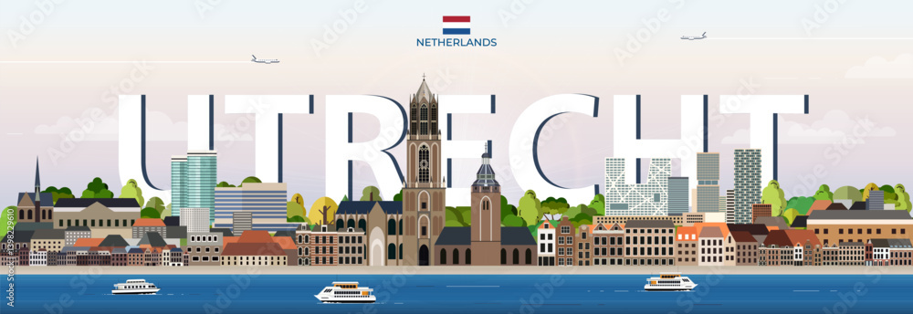 Utrecht cityscape colorful vector illustration with big city name on the background. Travel trendy poster
