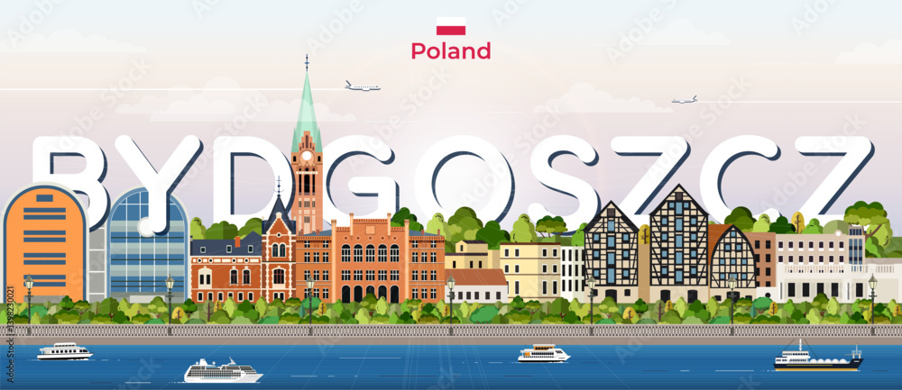 Bydgoszcz cityscape colorful vector illustration with big city name on the background. Travel trendy poster