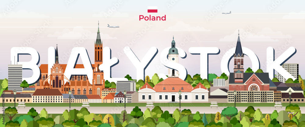 Bialystok cityscape colorful vector illustration with big city name on the background. Travel trendy poster