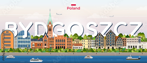 Obraz na płótnie Bydgoszcz cityscape colorful vector illustration with big city name on the background. Travel trendy poster w salonie