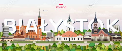 Obraz na płótnie Bialystok cityscape colorful vector illustration with big city name on the background. Travel trendy poster w salonie