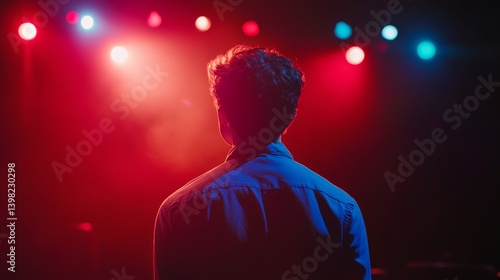 A captivating view from behind a performer in vibrant lighting. The scene captures anticipation and creativity. Perfect for artistic concepts. Generative AI