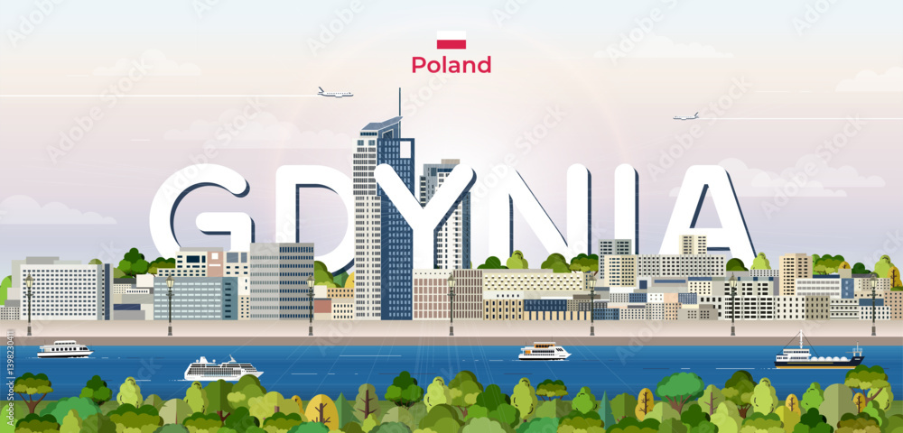 Gdynia cityscape colorful vector illustration with big city name on the background. Travel trendy poster