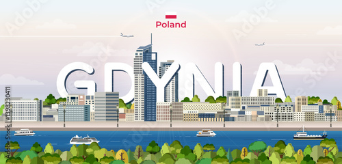 Obraz na płótnie Gdynia cityscape colorful vector illustration with big city name on the background. Travel trendy poster w salonie