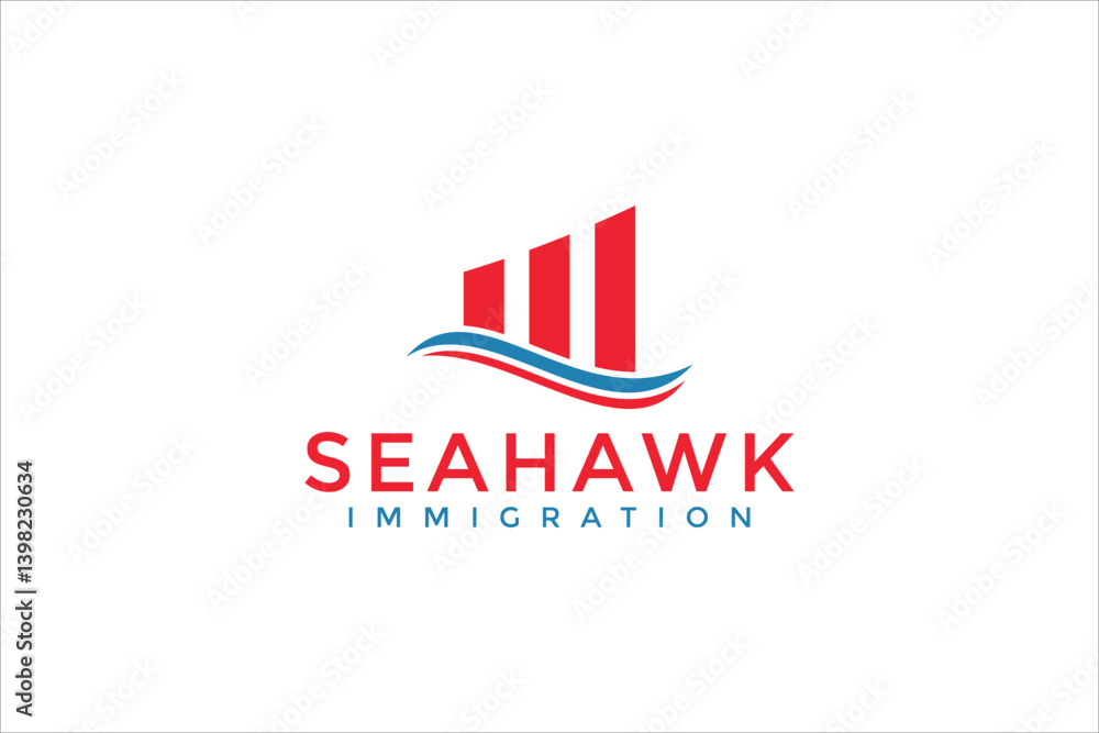 Seahawk Immigration Logo: Red Bar Graph and Blue Wave Seahawk Immigration Logo: Red Bar Graph and Blue Wave