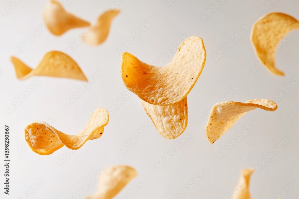 Multiple crispy tortilla chips levitating against a white background. Multiple crispy tortilla chips levitating against a white background.