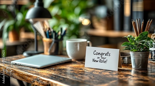 Congratulatory card on a modern desk for a new job or role