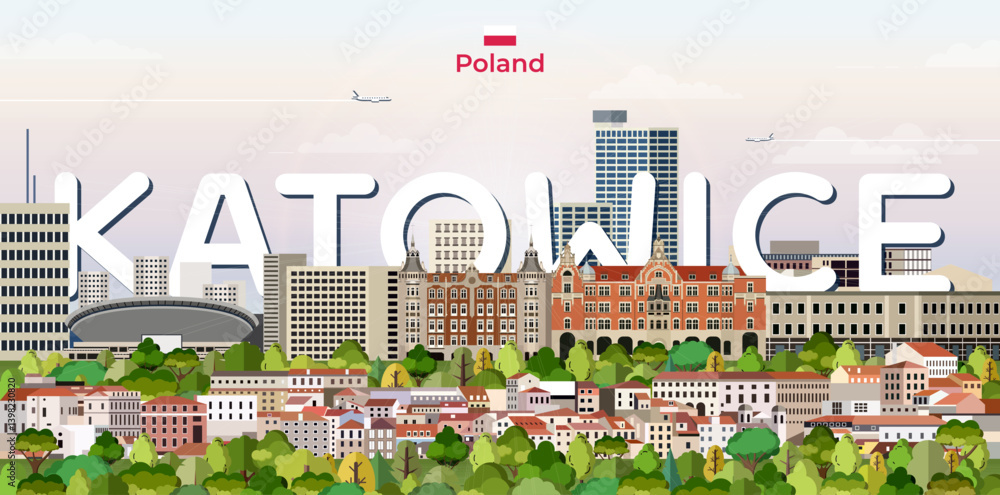 Katowice cityscape colorful vector illustration with big city name on the background. Travel trendy poster