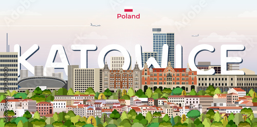 Obraz na płótnie Katowice cityscape colorful vector illustration with big city name on the background. Travel trendy poster w salonie