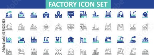  Factory and Industrial line and fill Icon Set connecting factory, industry, industrial, manufacturing, production, plant, machine, building, solid icon.