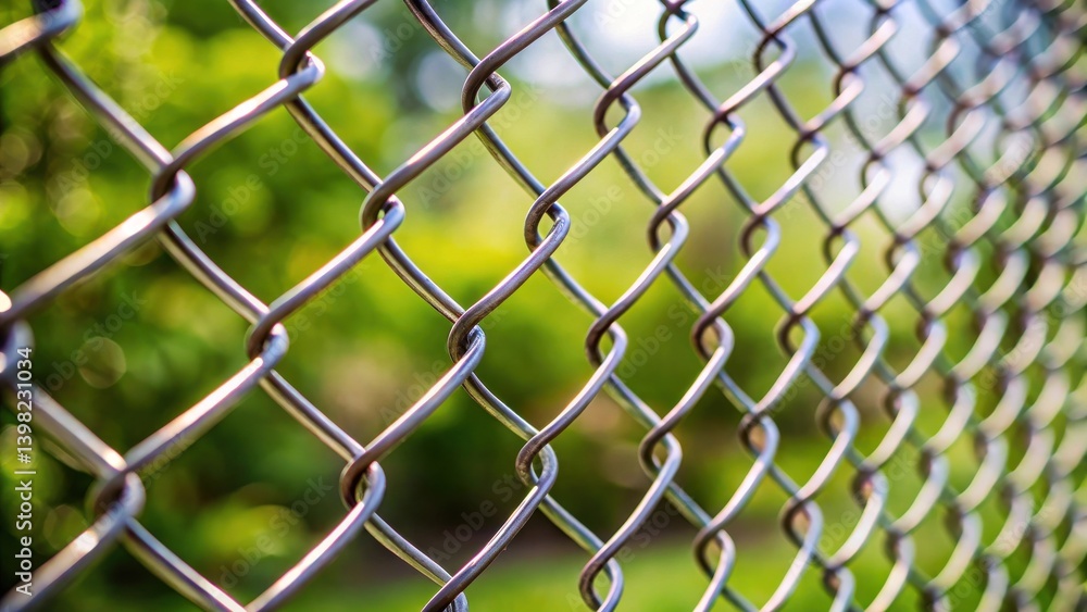 Naklejka premium Close-up View of Interwoven Metal Mesh Fence Against a Soft-Focus Green Background