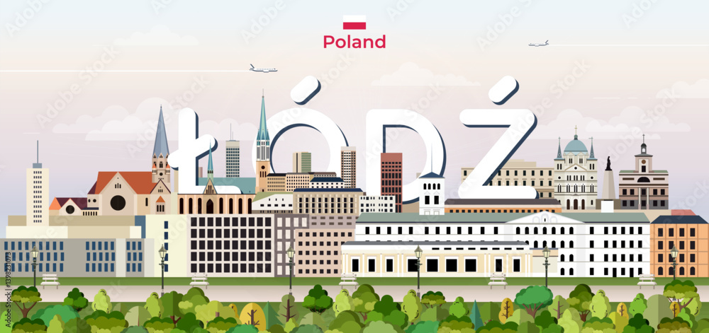 Lodz cityscape colorful vector illustration with big city name on the background. Travel trendy poster