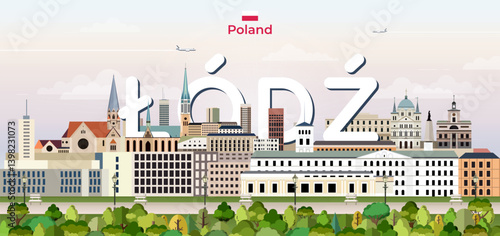 Obraz na płótnie Lodz cityscape colorful vector illustration with big city name on the background. Travel trendy poster w salonie