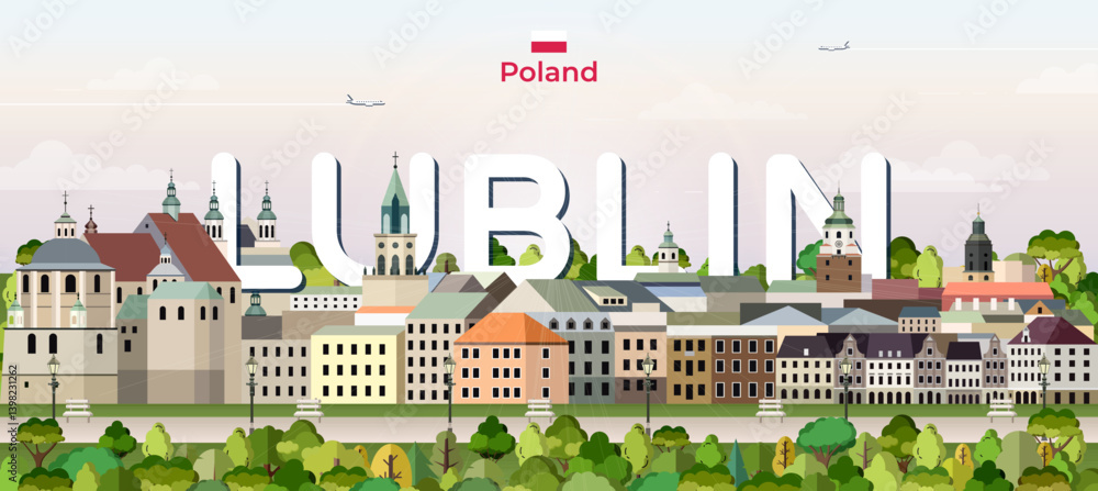 Lublin cityscape colorful vector illustration with big city name on the background. Travel trendy poster