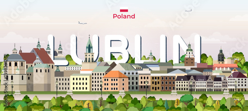 Obraz na płótnie Lublin cityscape colorful vector illustration with big city name on the background. Travel trendy poster w salonie