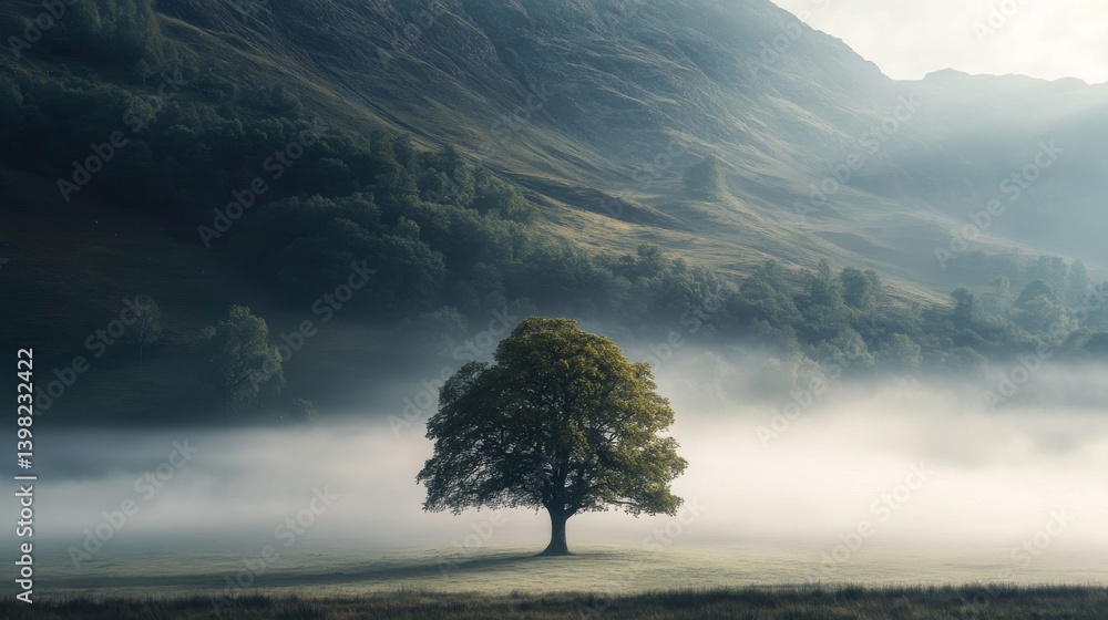 A solitary tree stands tall amidst mist and mountains. Nature reveals its beauty in this serene landscape. Embrace tranquility and connection to the earth. Generative AI