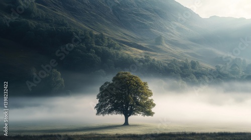 Obraz na płótnie A solitary tree stands tall amidst mist and mountains. Nature reveals its beauty in this serene landscape. Embrace tranquility and connection to the earth. Generative AI w salonie
