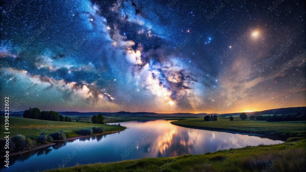 Serene Night Sky Over Tranquil River and Lush Green Meadow Serene Night Sky Over Tranquil River and Lush Green Meadow