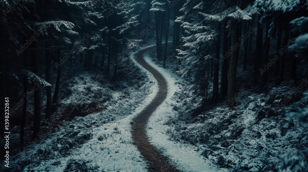 A winding path through a snow-covered forest invites exploration. The serene beauty of nature captivates the senses. Journey into tranquility. Generative AI