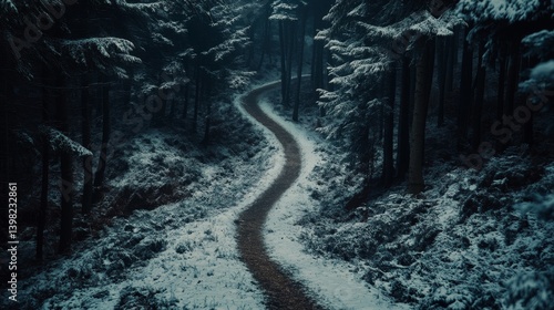 Obraz na płótnie A winding path through a snow-covered forest invites exploration. The serene beauty of nature captivates the senses. Journey into tranquility. Generative AI w salonie