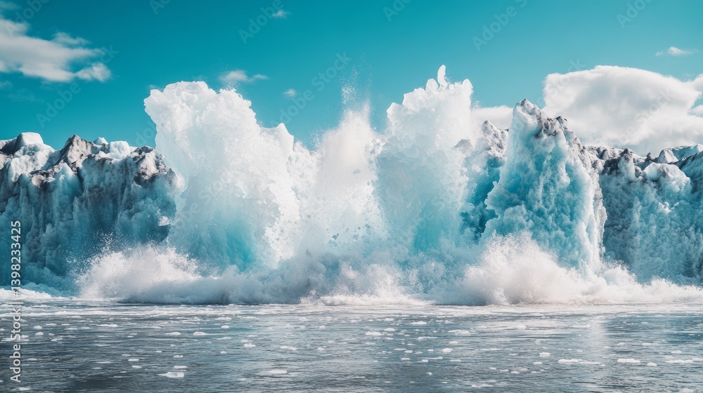 Majestic glacier calving in a serene blue landscape. Witness the power of nature with icebergs crashing into the water below. A stunning visual moment. Generative AI