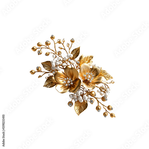 A stunning floral brooch featuring golden flowers and pearl accents, intricate details and elegance.