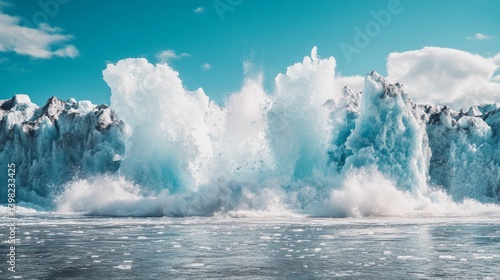 Obraz na płótnie Majestic glacier calving in a serene blue landscape. Witness the power of nature with icebergs crashing into the water below. A stunning visual moment. Generative AI w salonie