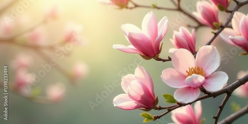 Delicate Pink Magnolia Blossoms Illuminated by Warm Sunlight, a Serene Springtime Scene