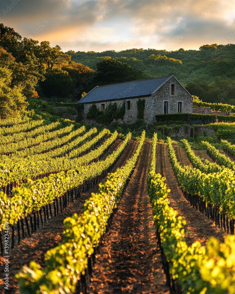 Breathtaking vineyard landscape with rows of lush grapevines and a charming rustic building. A perfect setting for wine lovers and nature enthusiasts. Generative AI