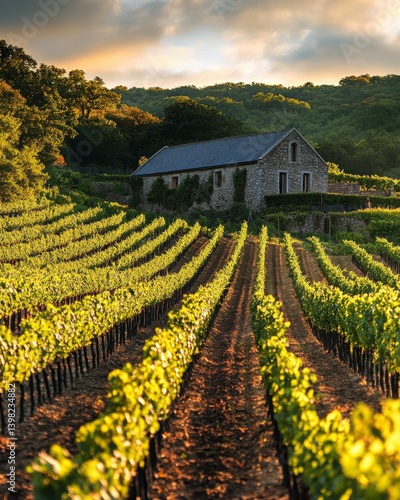 Breathtaking vineyard landscape with rows of lush grapevines and a charming rustic building. A perfect setting for wine lovers and nature enthusiasts. Generative AI