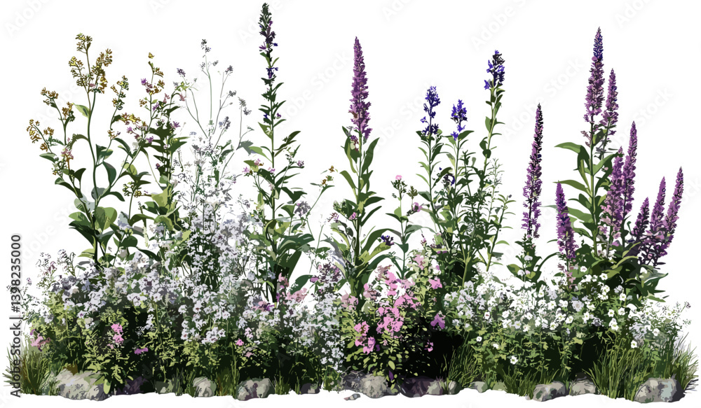 Fototapeta premium Wildflower bloom vector nature plants png file, isolated wildflower design, colorful spring flowers, nature cut out background, transparent wildflower artwork, spring plant illustration