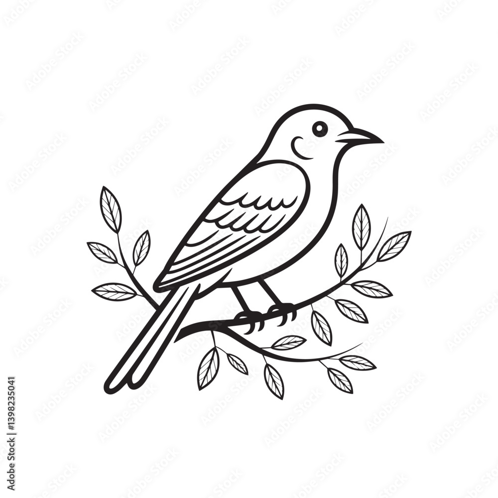 Illustration of a bird perched on a branch surrounded by leaves in a simple line art design
