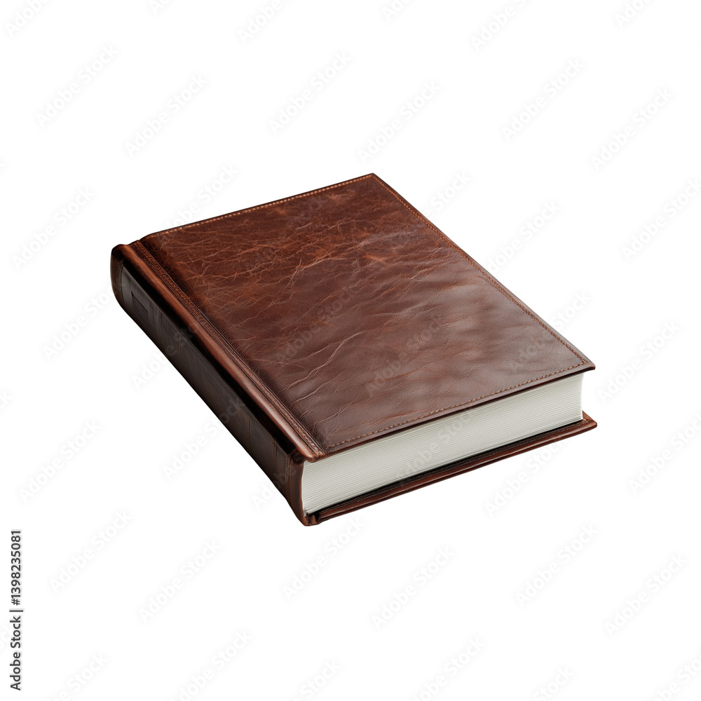 A brown leather-bound book with a textured cover and white pages, resting on a flat surface. A brown leather-bound book with a textured cover and white pages, resting on a flat surface.