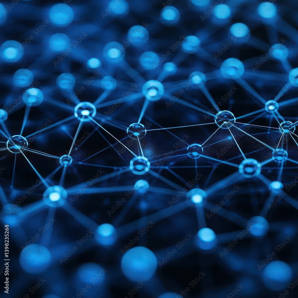 Complex network of interconnected nodes. A deep blue illustration of a molecular structure Complex network of interconnected nodes. A deep blue illustration of a molecular structure