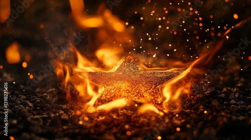 Obraz na płótnie A mesmerizing star ignited by flames. The fiery glow dances around the edges. Sparks fly in a captivating display of light and warmth. Generative AI w salonie