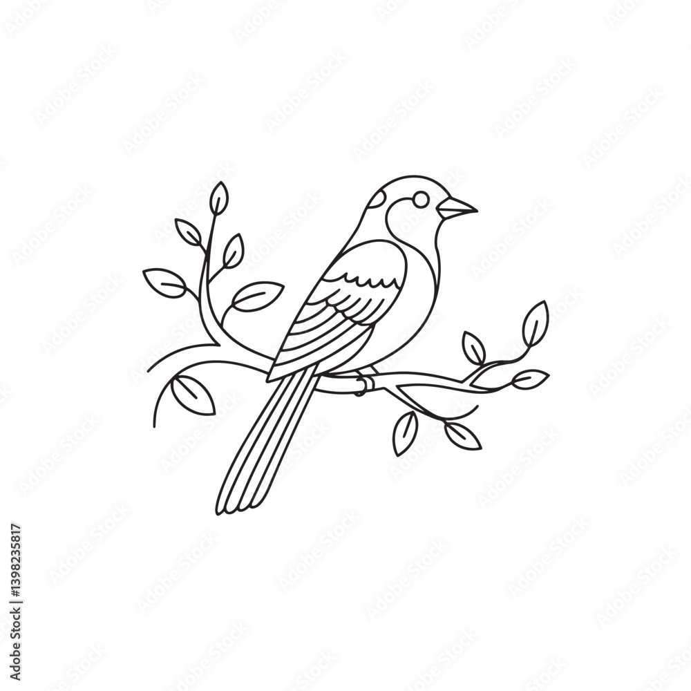 Illustration of a bird perched on a branch surrounded by leaves in a simple line art design Illustration of a bird perched on a branch surrounded by leaves in a simple line art design