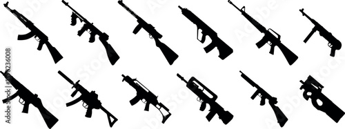 Collection of Assault Rifle Silhouettes on White Background