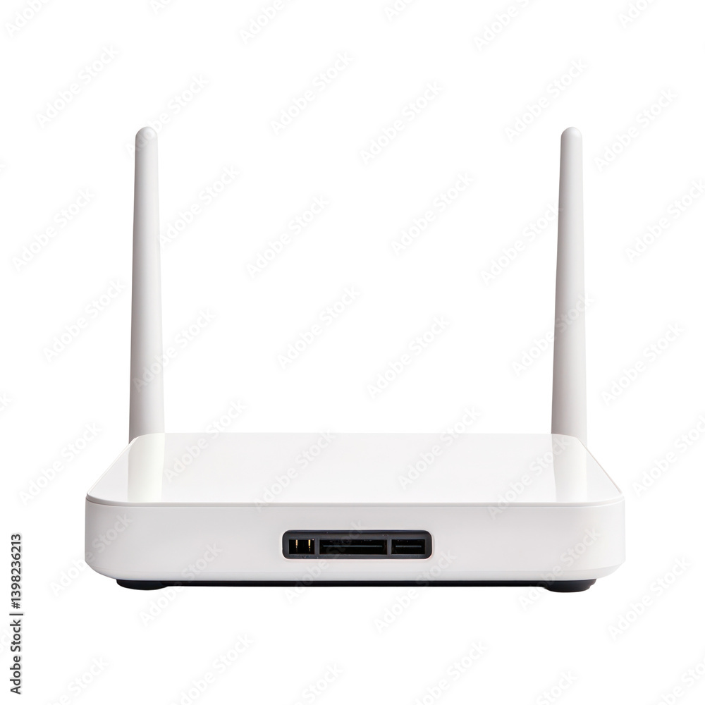 Wireless router for home networking cutout background computer accessory modern office front view connectivity concept Wireless router for home networking cutout background computer accessory modern office front view connectivity concept