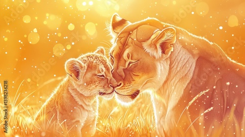 A lioness stands protectively beside her cub in tall
