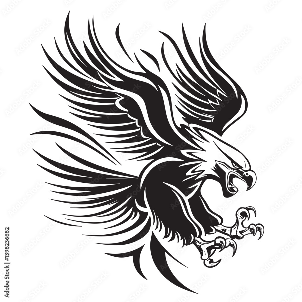 Obraz premium Majestic eagle soaring gracefully against a white backdrop with detailed wing and claw illustrations in silhouette Design
