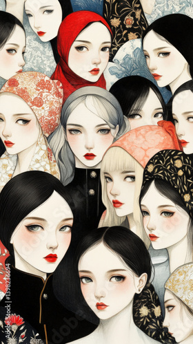 Elegant stylized portrait illustration of diverse women in traditional attire with soft expressions – phone wallpaper
