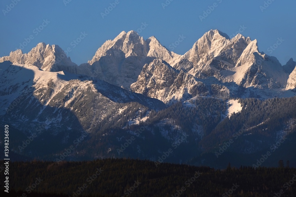 The snow-capped peaks of the High Tatras mountains (with Vysoka and Rysy) from viewpoint Pass over Lapszanka (Pass over Łapszanka), Podhale, Poland