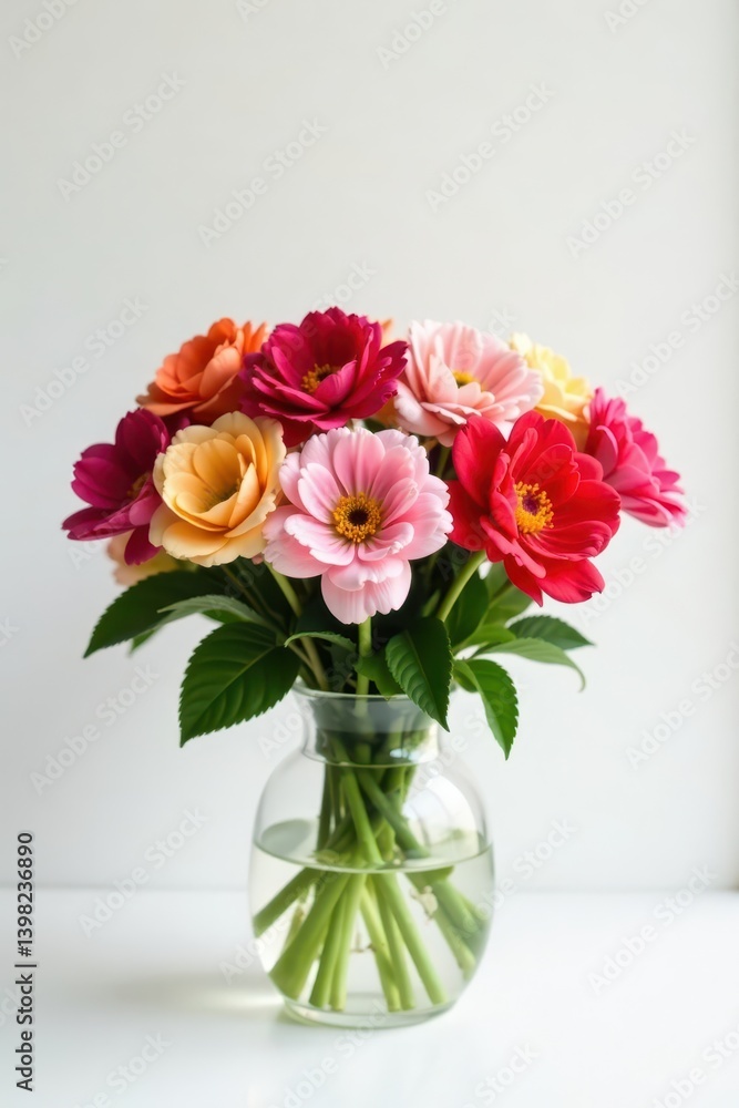Obraz premium Vibrant blooms in glass vase, pure white backdrop, elegance, photography