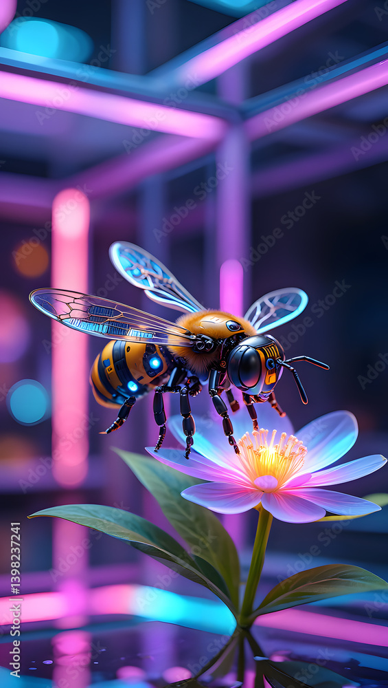 Naklejka premium Cyber Bee Drone Pollinating Digital Flower