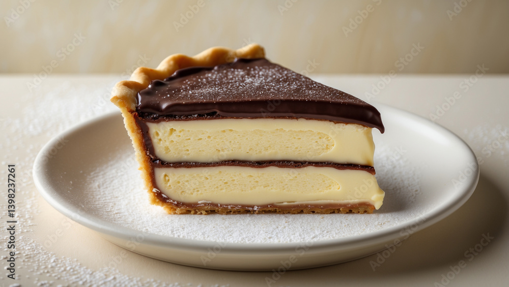 A decadent slice of layered chocolate and custard pie, a delightful treat perfect for satisfying any sweet craving, showcased on a simple white plate with a light dusting of powdered sugar. A decadent slice of layered chocolate and custard pie, a delightful treat perfect for satisfying any sweet craving, showcased on a simple white plate with a light dusting of powdered sugar.