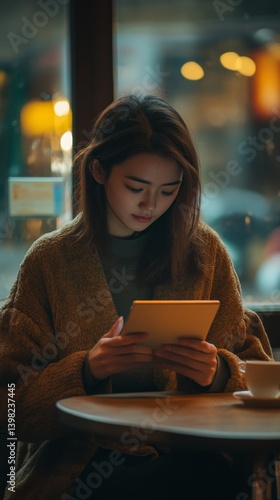 Obraz na płótnie A young woman sits in a cozy cafe. She engrossed in her tablet. The warm ambiance surrounds her. This moment captures modern leisure and technology. Generative AI w salonie