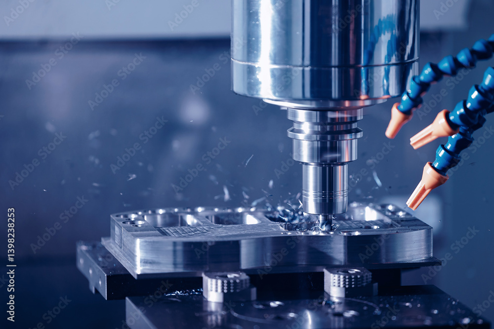 Modern CNC milling machine during operation, blue toning. Produced cutting metal parts, industry heavy factory Modern CNC milling machine during operation, blue toning. Produced cutting metal parts, industry heavy factory