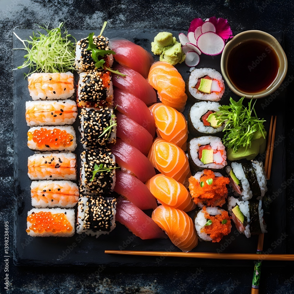 Authentic Japanese Sushi Platter with Fresh Sashimi and Soy Sauce