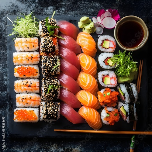 Authentic Japanese Sushi Platter with Fresh Sashimi and Soy Sauce