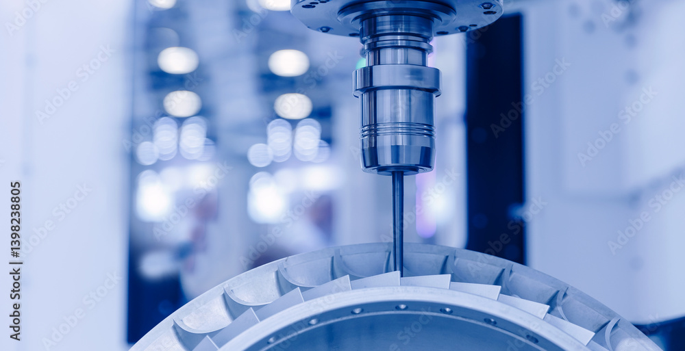 Banner industry CNC, milling machine process cutting turbine impeller and blades part by mill tool, blue light toning